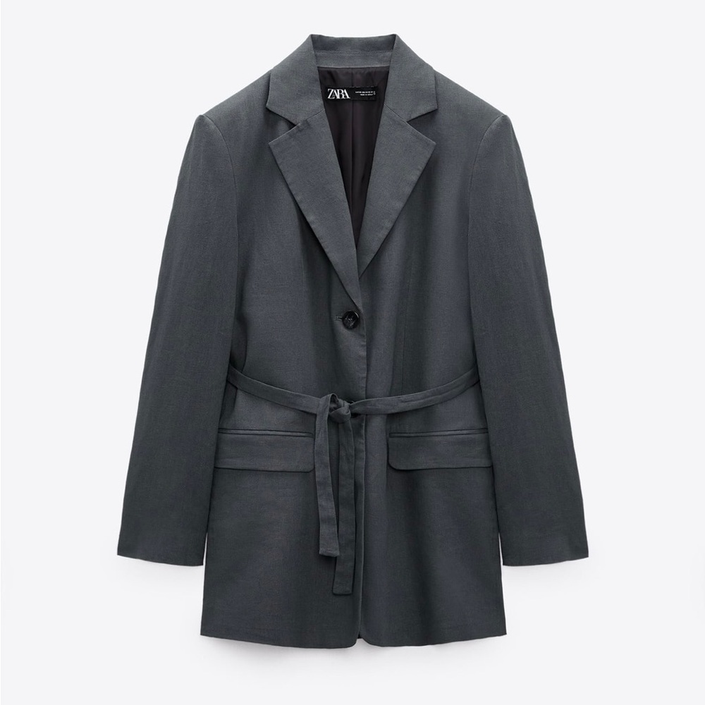 ZARA New Gray Linen Blend Belted Lapel Collar Long Sleeves Blazer Size S 2753129 - Picture 9 of 17